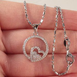 18K White Gold Filled Heart Shape Circle Layer Diamond Zircon Pendant Necklace